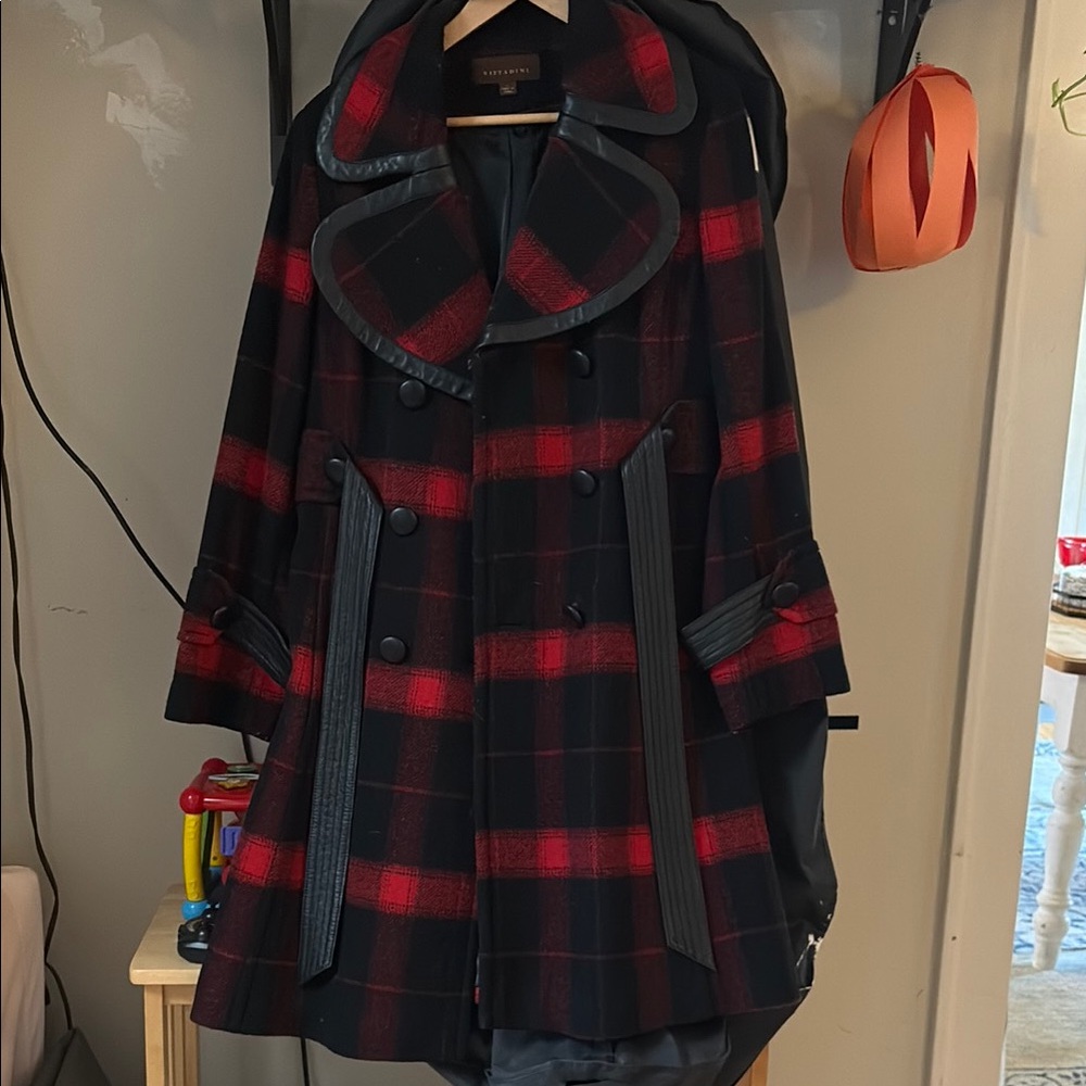Adrienne Vittadini Red and Black Trench Coat with Plaid Design